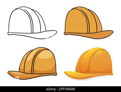 Set with four versions of hard hat: one in outlines for coloring, other in flat colors, cartoon style and the last one in gradient effect. Stock Vector