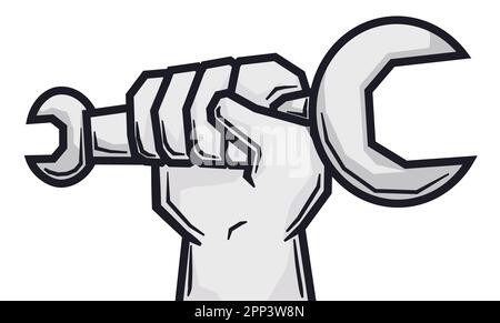 Wrench gripped by a fist with black outlines. Geometric design with square corners and lines on white background. Stock Vector