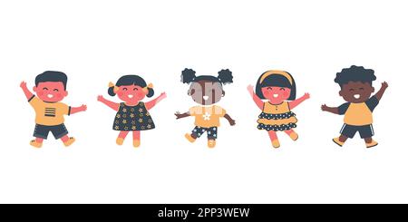 little children dance. Multicultural  group of kids have fun. Happy baby girls and baby boys. Cute cartoon characters. Vector illustration Stock Vector