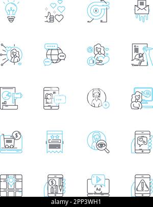 Electronic content linear icons set. Digital, Multimedia, Interactive, Online, Virtual, Downloadable, Animated line vector and concept signs Stock Vector