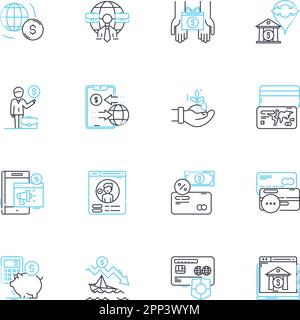 Blockchain-based finance linear icons set. Cryptocurrency, Decentralization, Transparency, Smart contracts, Security, Efficiency, Trustless line Stock Vector