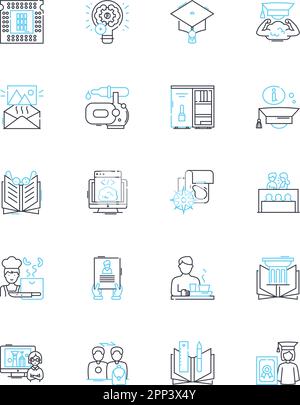 Academia linear icons set. Education, Research, Learning, Scholarship, Science, Teaching, Knowledge line vector and concept signs. Discovery Stock Vector