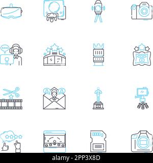 Mobile games linear icons set. Addictive, Entertaining, Thrilling, Challenging, Interactive, Engaging, Colorful line vector and concept signs Stock Vector