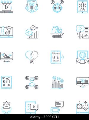 Email strategy linear icons set. Segmentation, Personalization, Automation, Engagement, Analytics, Conversions, Deliverability line vector and concept Stock Vector