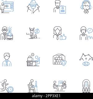 Workspace line icons collection. Desk, Office, Cubicle, Chair, Computer, Keyboard, Mouse vector and linear illustration. Printer,Scanner,Ph outline Stock Vector