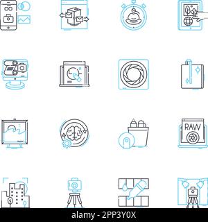 Music production linear icons set. Arrangement, Beatmaking, Composition, Editing, Harmonization, Instrumentation, Jamming line vector and concept Stock Vector