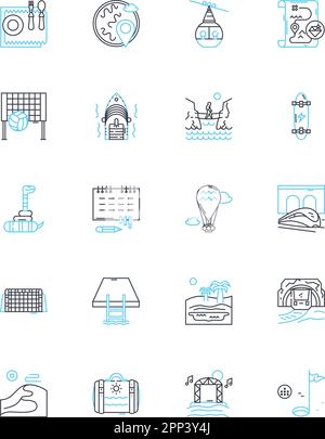 Cruise expeditions linear icons set. Adventure, Luxury, Exploration, Discovery, Relaxation, Scenic, Marine line vector and concept signs. Excitement Stock Vector