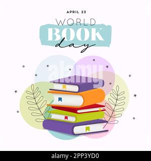 Worl book day card concept illustration. Big reading books pile on isolated white background. Colorful flat cartoon style for book fair or school educ Stock Vector