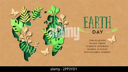 Earth Day banner illustration of green papercut world map with plant leaf garden and butterfly. Environment care concept text, end plastic, plant tree Stock Vector