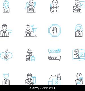 Office manager linear icons set. Organization, Leadership, Multitasking, Communication, Efficiency, Resourcefulness, Strategy line vector and concept Stock Vector