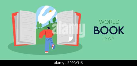 World book day banner illustration. Young man character running to open book door of imagination landscape. Creative reading concept in flat cartoon Stock Vector