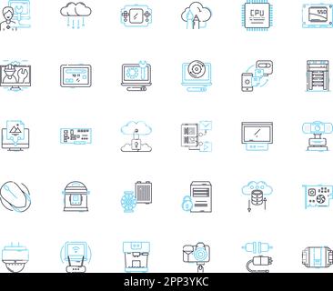 Digital equipment linear icons set. Smartph, Tablet, Laptop, Desktop, Camera, Printer, Scanner line vector and concept signs. Projector,Monitor Stock Vector
