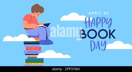 Happy world book day greeting card illustration of young boy kid reading books in sky. School education imagination concept for april 23 holiday event Stock Vector