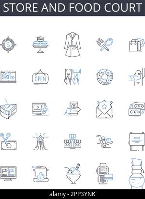 Store and food court line icons collection. tore, Shop, Boutique, Outfitter, Emporium, Market, Supermarket vector and linear illustration. Mini-mart Stock Vector