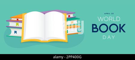 World book day greeting card illustration of colorful open book with text quote in modern flat cartoon style on green isolated background. School educ Stock Vector