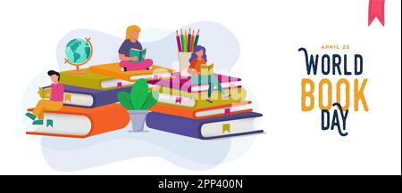 World book day banner illustration of diverse young people team reading colorful books together on white isolated background. School education group c Stock Vector