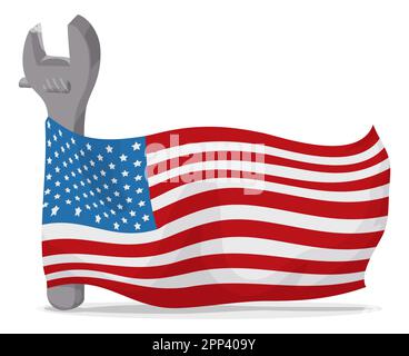 Patriotic design with adjustable wrench wrapped with American flag in cartoon style on white background. Stock Vector