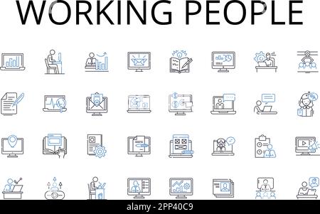 Working people line icons collection. Active folks, Busybodies, Laborers, Workforce, Employee base, Hard workers, Diligent employees vector and linear Stock Vector