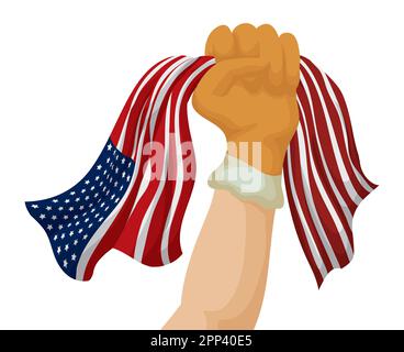 Raised fist wearing a work glove while holding an American flag. Cartoon style design. Stock Vector