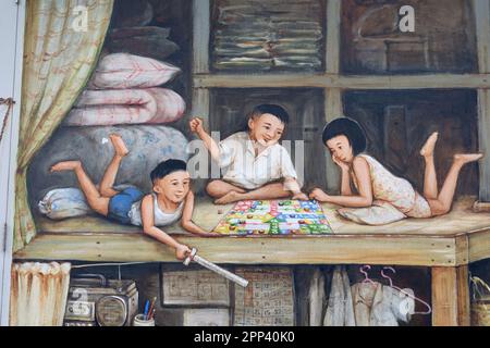 Detail of a mural by Singaporean artist Yip Yew Chong in Chinatown, Singapore, depicting a Chinese children of times gone by Stock Photo