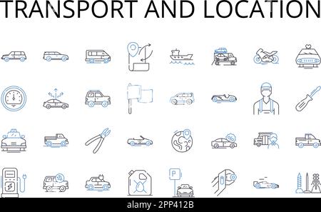 Transport and location line icons collection. ransport, Commute, Transfer, Conveyance, Shipping, Transportation, Importation vector and linear Stock Vector