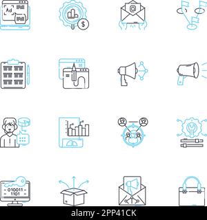Web development firm linear icons set. Code, Design, UI/UX, Backend, Frontend, Development, Innovation line vector and concept signs. Technology Stock Vector