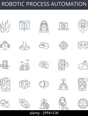 Robotic process automation line icons collection. Artificial intelligence, Business process, Cloud computing, Data analytics, Decision making, Digital Stock Vector