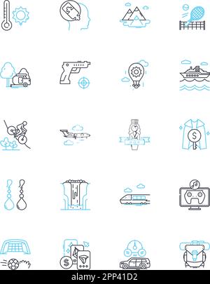 Summer camp linear icons set. Adventure, Nature, Friendship, Exploration, Campfire, Water sports, Wilderness line vector and concept signs. Archery Stock Vector