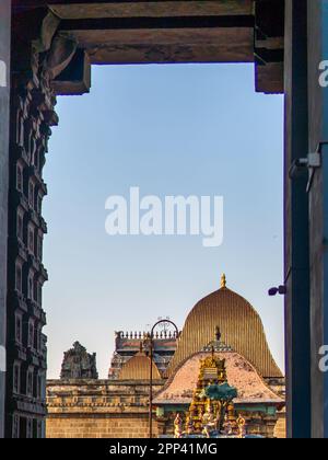 Chidambaram Thillai Natarajar Temple from the temple gopuram entrance. Golden temple tower of lord Shiva in south India, Tamil Nadu Stock Photo