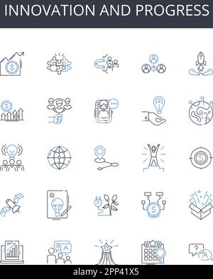 Innovation and progress line icons collection. Improvement, Advancement, Development, Modernization, Growth, Evolution, Change vector and linear Stock Vector