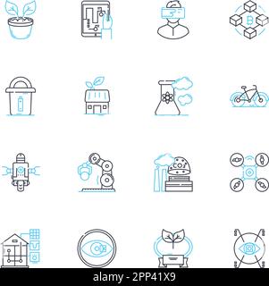 Foreign trade linear icons set. Globalization, Exports, Imports, Tariffs, Trade deficit, Currency exchange, Geopolitics line vector and concept signs Stock Vector