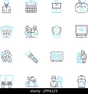 Domestic companions linear icons set. Pets, Dogs, Cats, Birds, Hamsters, Fish, Rabbits line vector and concept signs. Guinea pigs,Reptiles,Rodents Stock Vector