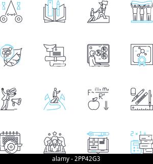 E-learning center linear icons set. Online, Interactive, Digital, Learning, Education, Web-based, Blended line vector and concept signs. Multimedia Stock Vector