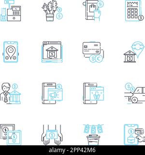 Currency linear icons set. Exchange, International, Trade, Digital, Valuation, Fiat, Transfer line vector and concept signs. Reserve,Conversion Stock Vector