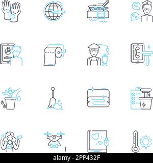 Home maintenance linear icons set. Plumbing, Electrical, Carpentry, Painting, Roofing, Gutters, Lawn line vector and concept signs. Landscaping Stock Vector