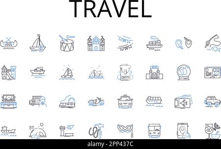 Travel line icons collection. Journey, Voyage, Trek, Expedition, Odyssey, Adventure, Excursion vector and linear illustration. Pilgrimage,Touring Stock Vector