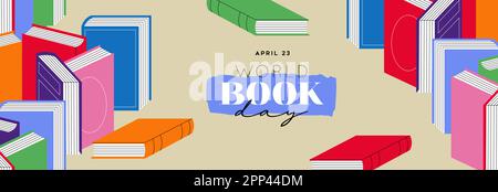 World Book Day greeting card illustration of colorful book pile in flat cartoon style with reading typography quote. April 23 holiday event design con Stock Vector