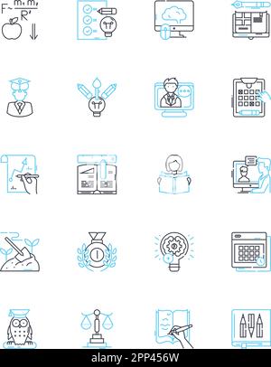 College level linear icons set. Academia, Curriculum, Exams, Lectures, Professors, Dormitory, Research line vector and concept signs. Degrees Stock Vector