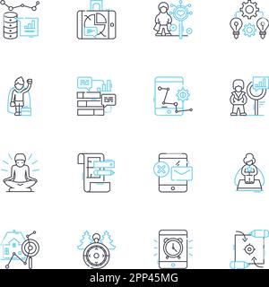 Marketing plan linear icons set. Strategy, Budget, Goals, Research, Tactics, Targeting, Branding line vector and concept signs. Channels,Audience Stock Vector