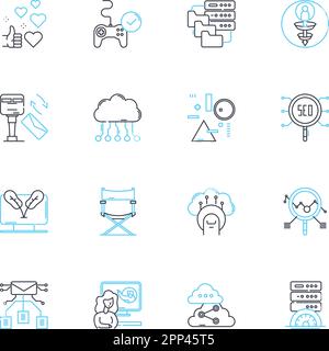 Web promotion linear icons set. SEO, Content, Social, Marketing, Analytics, PPC, Keywords line vector and concept signs. Traffic,Links,Targeting Stock Vector