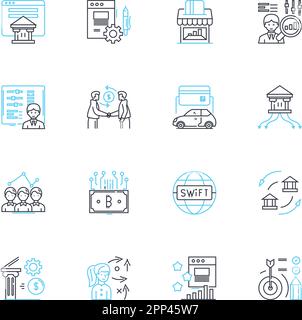 Line graph stocks linear icons set. Trend, Volatility, Fluctuation, Growth, Decline, Progression, Regression line vector and concept signs. Momentum Stock Vector