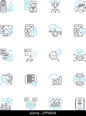 Social research linear icons set. Sampling, Analysis, Survey, Quantitative, Qualitative, Data, Demographics line vector and concept signs Stock Vector