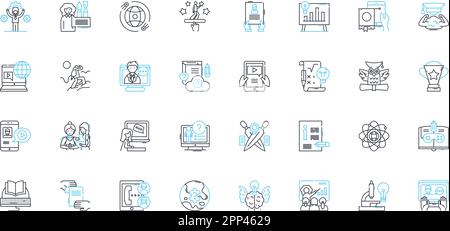 Distance learning linear icons set. Online, Virtual, Remote, E-learning, Digital, Web-based, Internet-based line vector and concept signs. Cyber Stock Vector