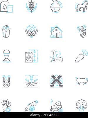 Produce market linear icons set. Fresh, Organic, Local, Fruits, Vegetables, Seasonal, Farm-fresh line vector and concept signs. Exotic,Hand-picked Stock Vector