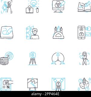 Videography linear icons set. Filming, Cinematography, Recording, Editing, Capturing, Documenting, Storytelling line vector and concept signs. Visuals Stock Vector