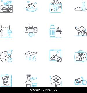Aerodrome linear icons set. anding, Takeoff, Runway, Hangar, Control Tower, Aircraft, Pilots line vector and concept signs. Ground Services Stock Vector