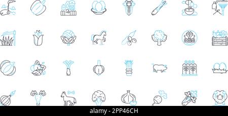 Cultivation field linear icons set. Harvesting, Irrigation, Fertilization, Tilling, Planting, Pruning, Sowing line vector and concept signs Stock Vector