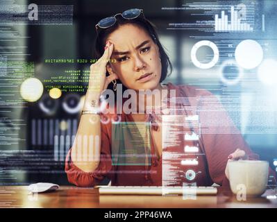 Business headache, stress and Asian woman gets a cyber security attack, virus or glitch. Anxiety, depressed portrait and serious person with graphs Stock Photo