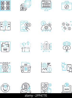 Stock forecasting linear icons set. Prediction, Trends, Analysis, Indicators, Portfolio, Forecast, Volatility line vector and concept signs. Risk Stock Vector