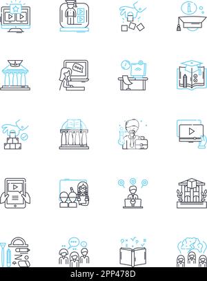 Interactive teaching linear icons set. Engaging, Innovative, Responsive, Collaborative, Dynamic, Experiential, Adaptive line vector and concept signs Stock Vector